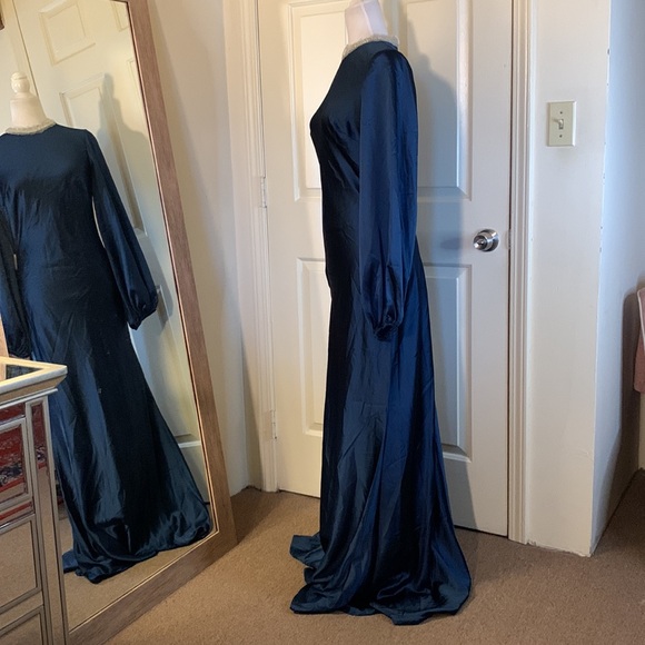 Mac Duggal Beaded High Neck Bishop Sleeve Satin Gown 26575 - Picture 6 of 11